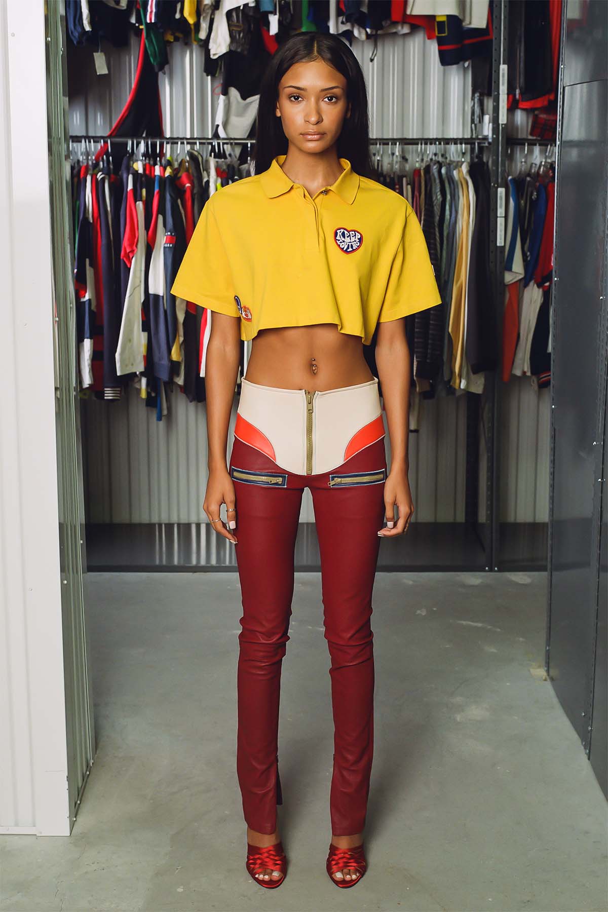 TommyXGigi Capsule Collection Cropped Polo (Spring 2017), Tommy Hilfiger Collection Women’s Leather a& Neoprene Color-Blocked Pants (Spring 2014), TommyXZendaya Capsule Collection Satin Strappy Heeled Mules (Spring 2019)
