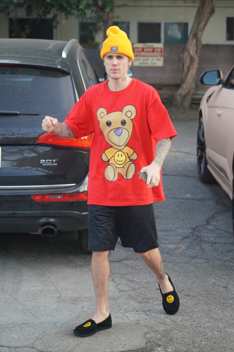 Justin Bieber reps his Drew House brand during an afternoon outing in Weho