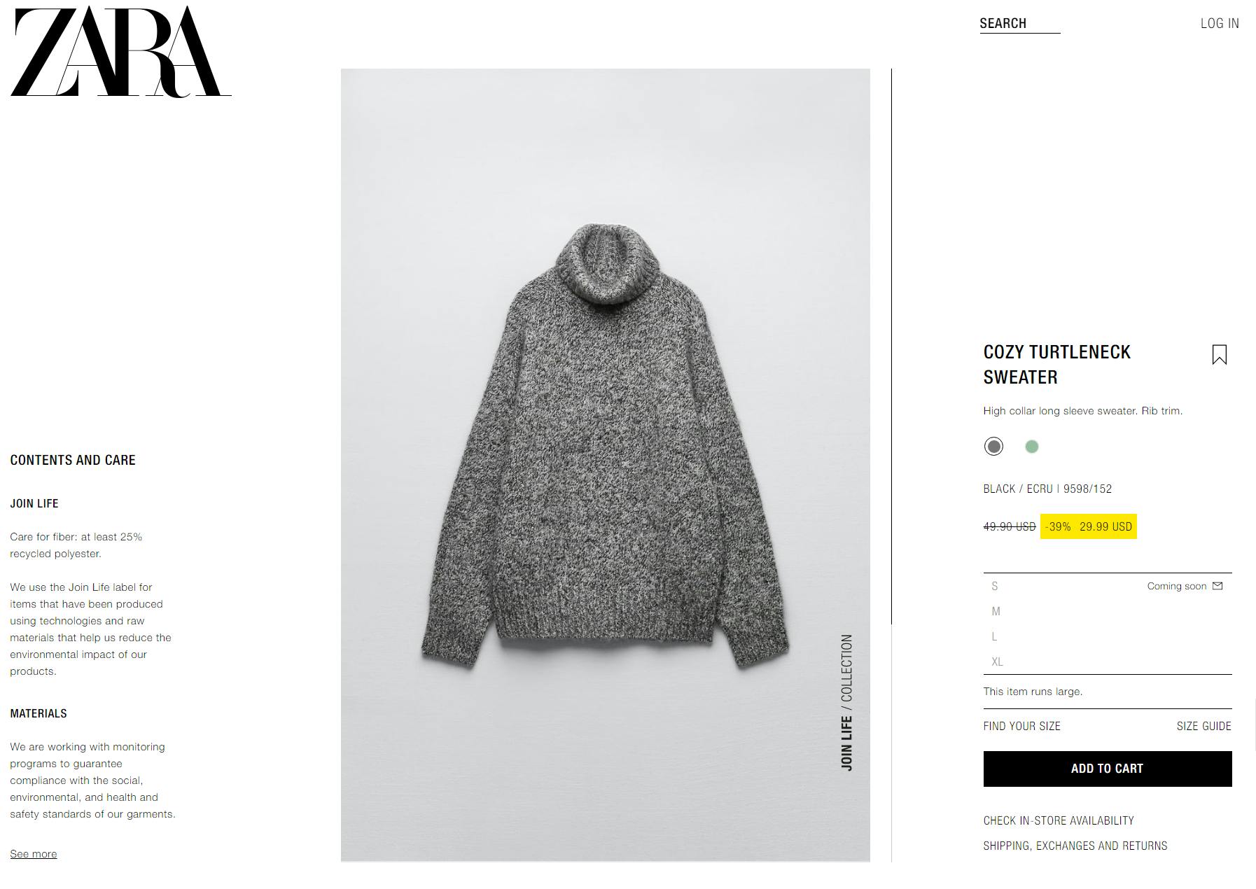 Zara's website, screengrab taken 1/12/2023