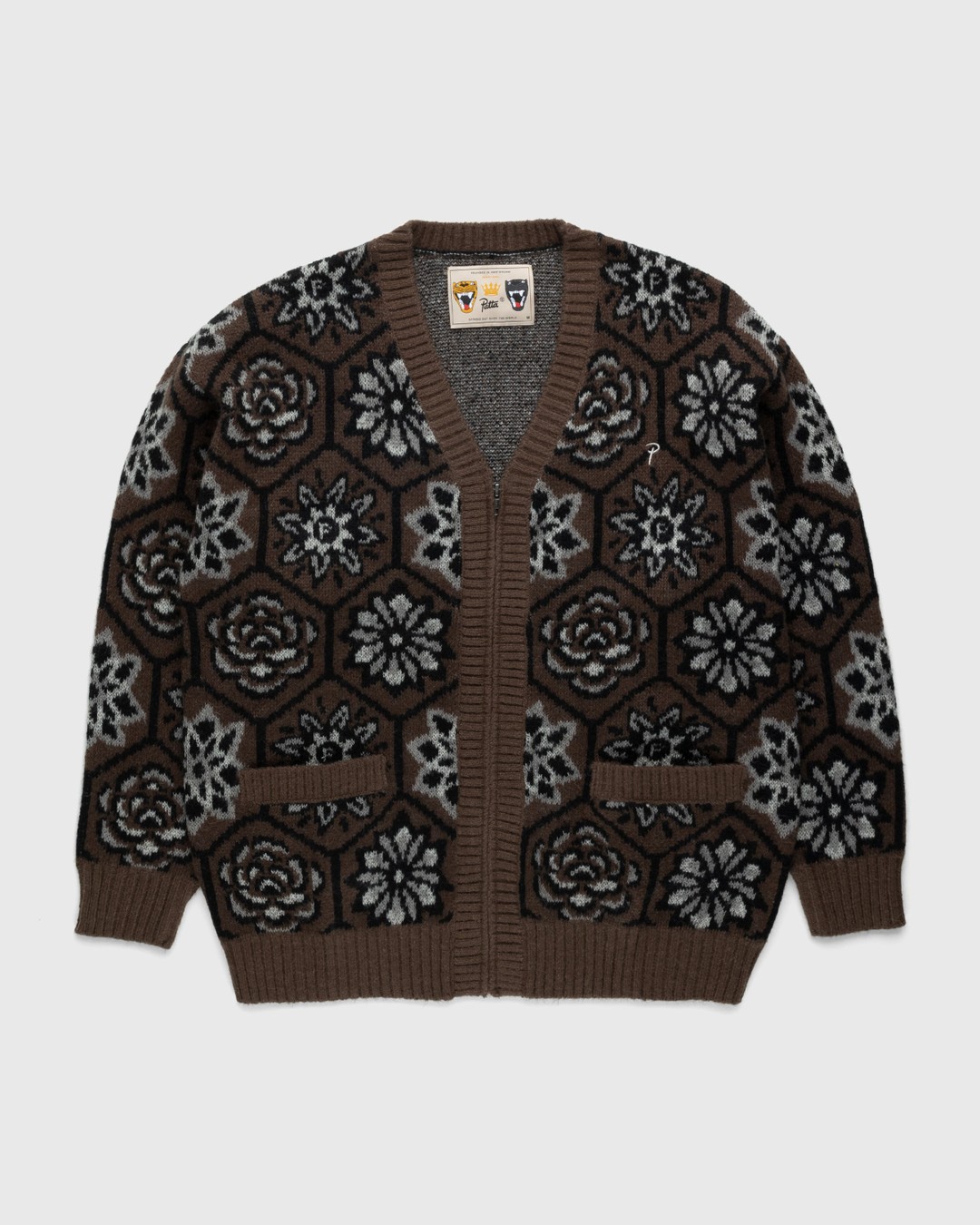 Patta – Wall Flower Knitted Zip Cardigan Chestnut/Dark Gull Grey - Cardigans - Brown - Image 1