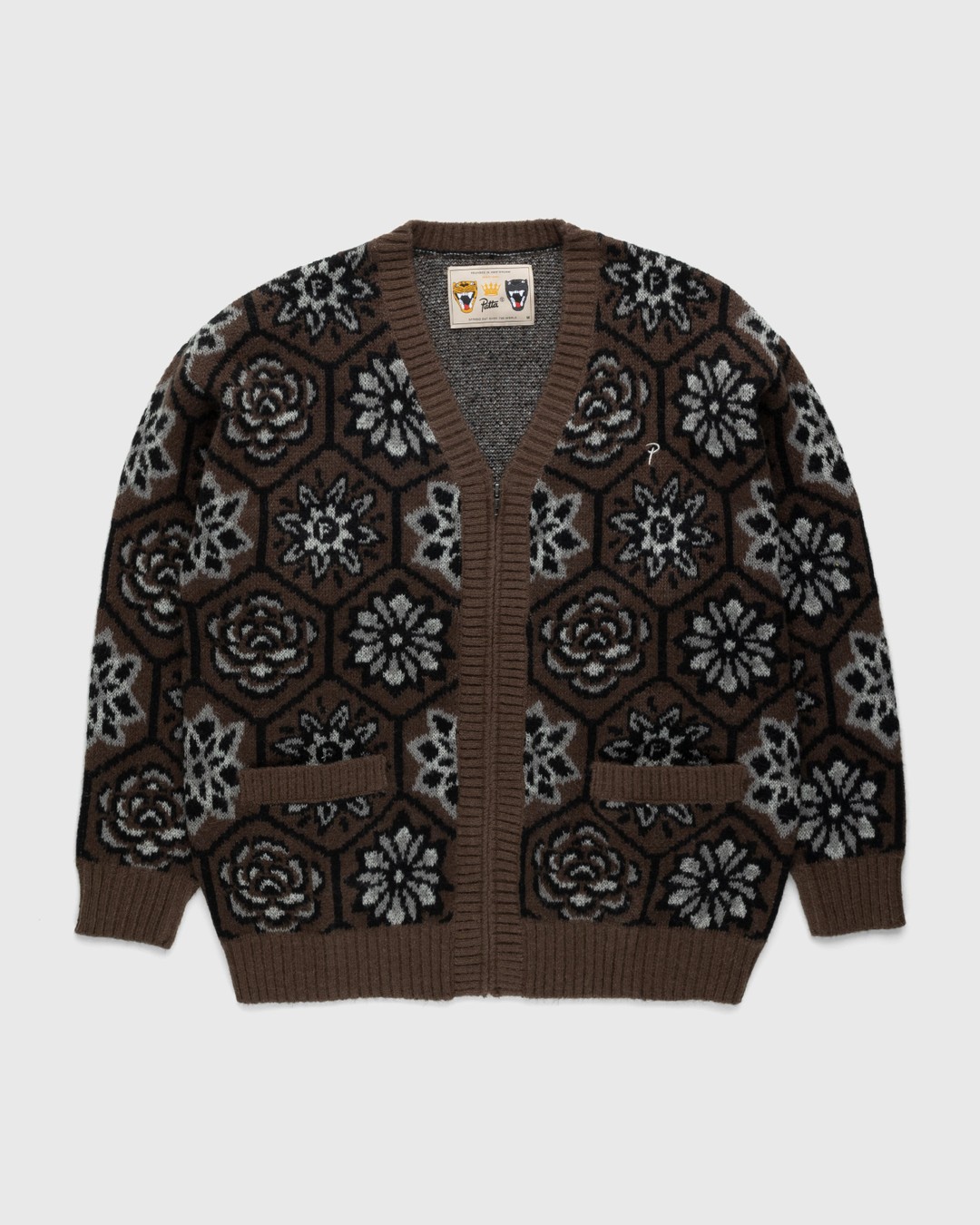 Patta – Wall Flower Knitted Zip Cardigan Chestnut/Dark Gull Grey - Knitwear - Brown - Image 1