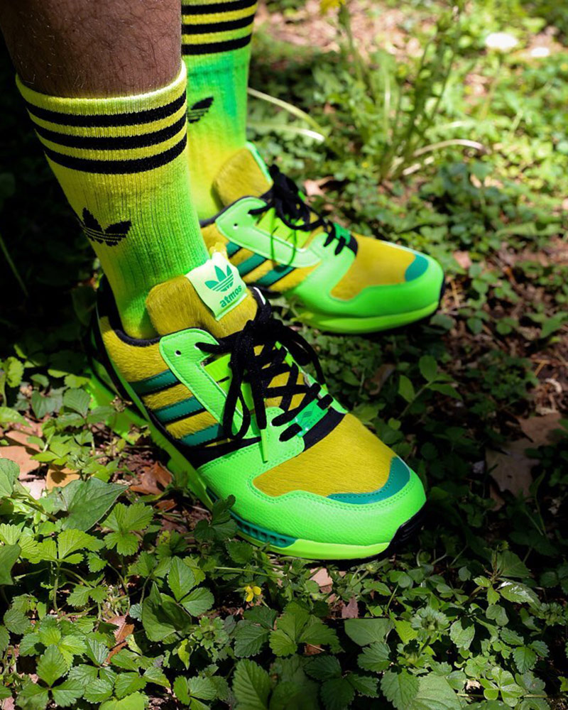atmos x adidas ZX 8000 in green and faux fur yellow
