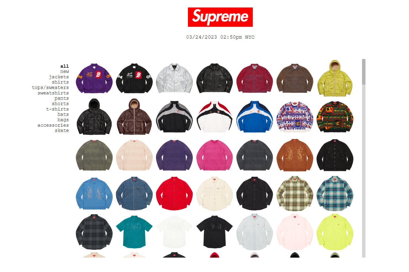 Supreme's website on March 24, 2023, showing much of the recent Schott collaboration as still in-stock.