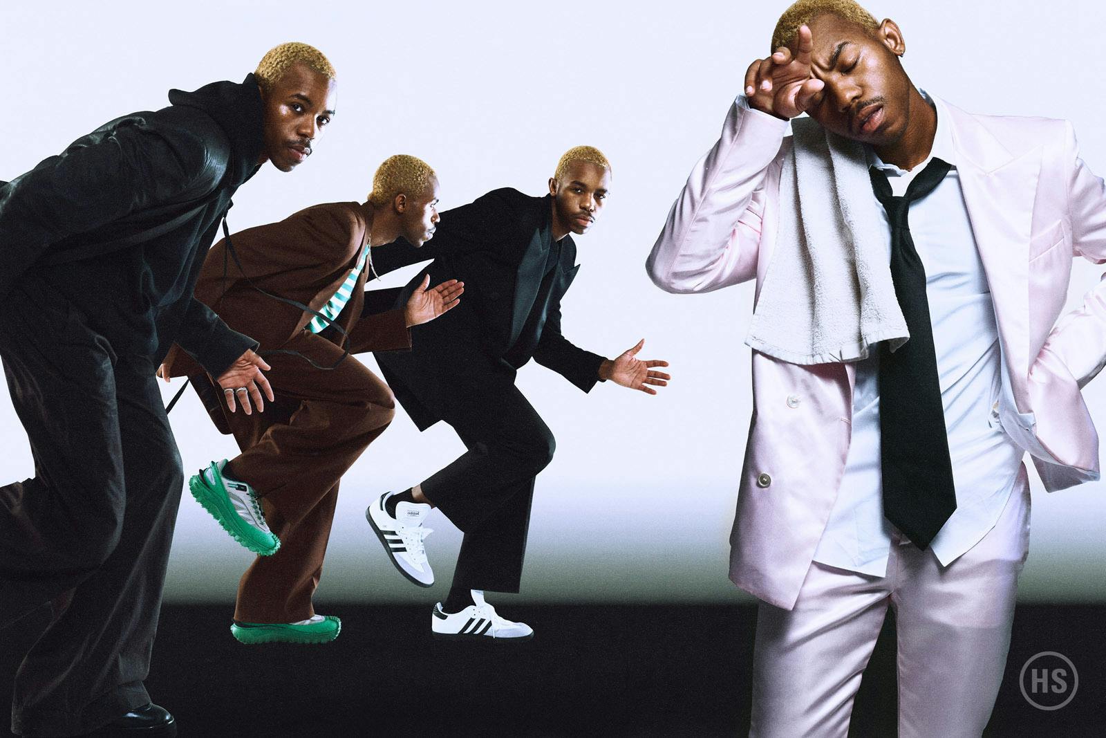 From Left to Right: Hoodie MONTELL’S OWN Pants and jacket ANN DEMEULEMEESTER Rings CARTIER Boots MARSÈLL, Top MANGO Pants and jacket ZEGNA Shoes MONCLER, Top BROOKS BROTHERS Pants HERMÈS Jacket SAINT LAURENT BY ANTHONY VACCARELLO Shoes ADIDAS, Top MANGO Pants and jacket ACNE STUDIOS Tie BROOKS BROTHERS