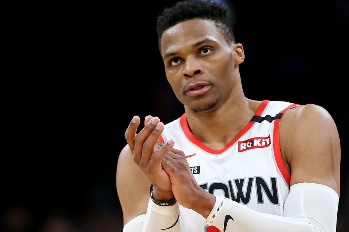 Russell Westbrook #0 of the Houston Rockets celebrates during the second half of the game