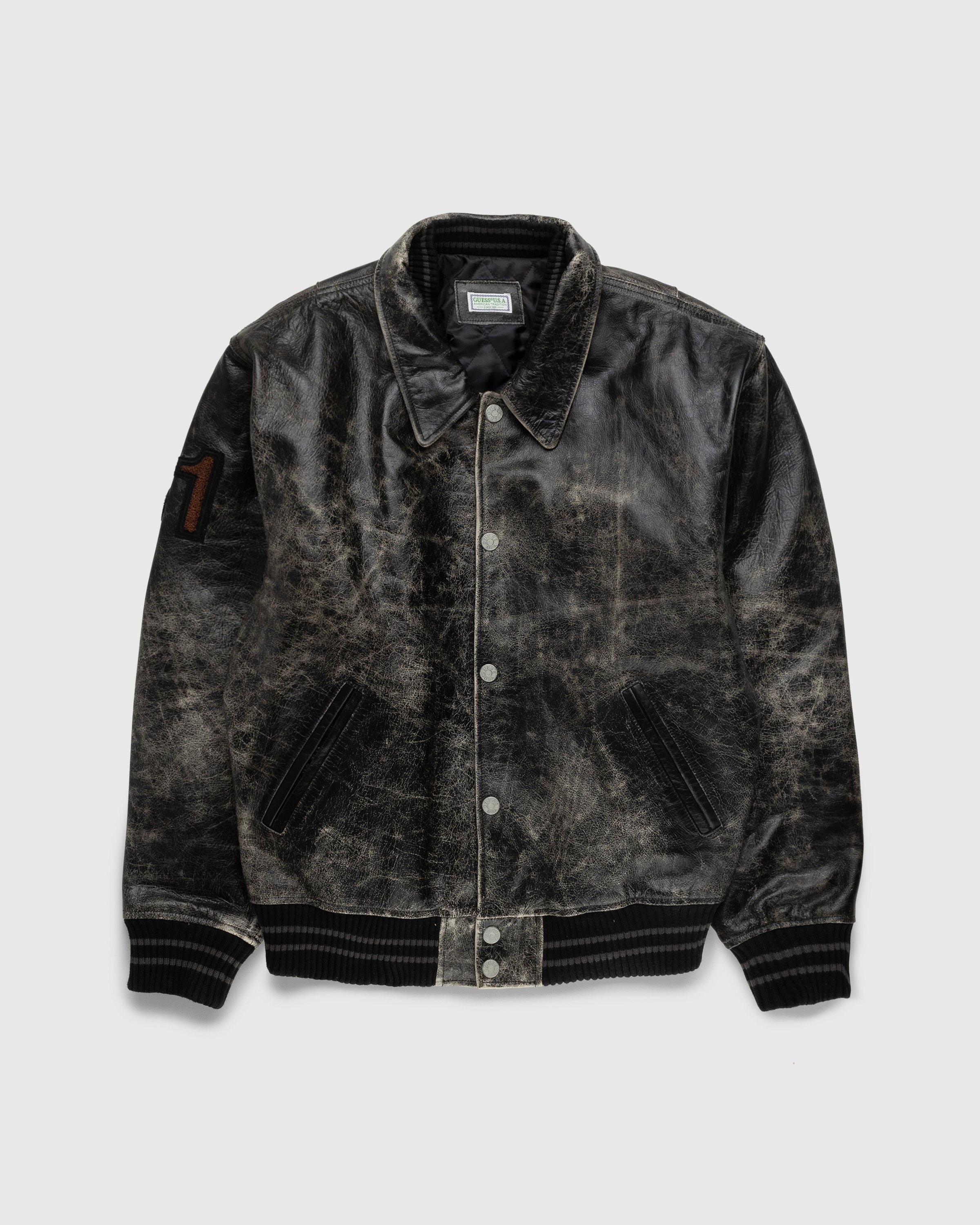 Guess USA – Distressed Leather Letterman Jacket Black | Highsnobiety Shop