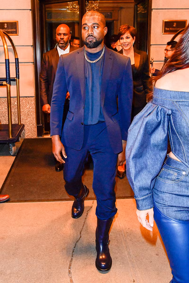 Kanye West Navy Suit and Riding Boots