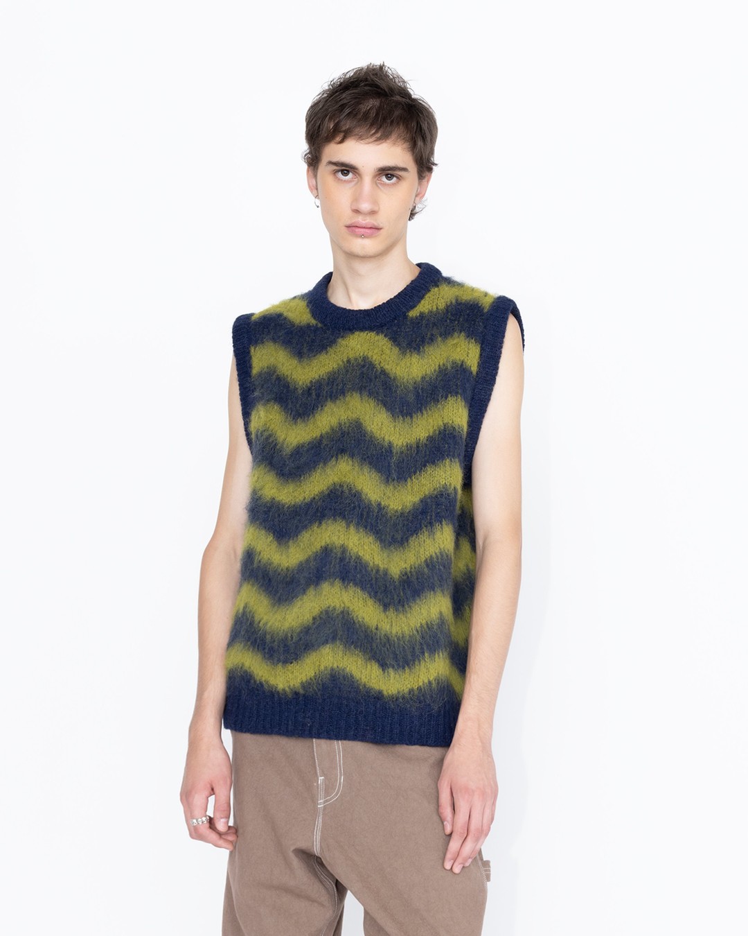 Highsnobiety HS05 – Alpaca Fuzzy Wave Sweater Vest Navy/Olive green - Knitwear - Multi - Image 3