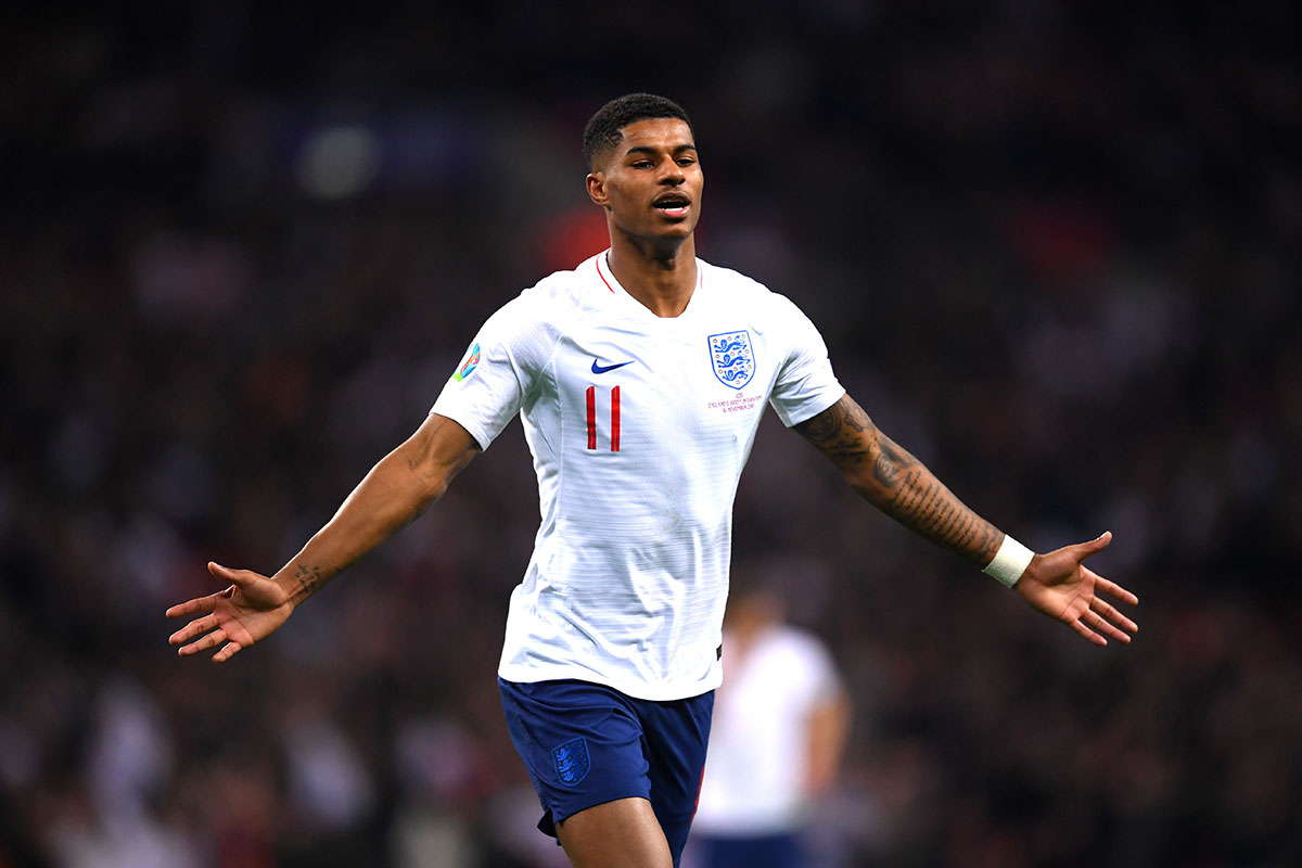 Marcus Rashford of England celebrates after scoring his sides fourth goal during the UEFA Euro 2020 qualifier between England and Montenegro at Wembley Stadium