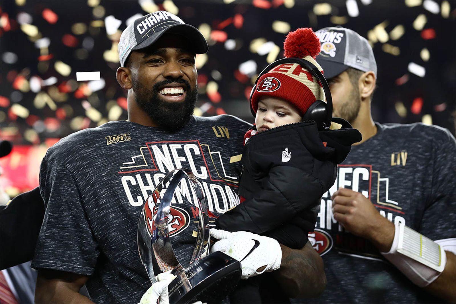 San Francisco 49ers' Raheem Mostert celebrates NFC championship win.
