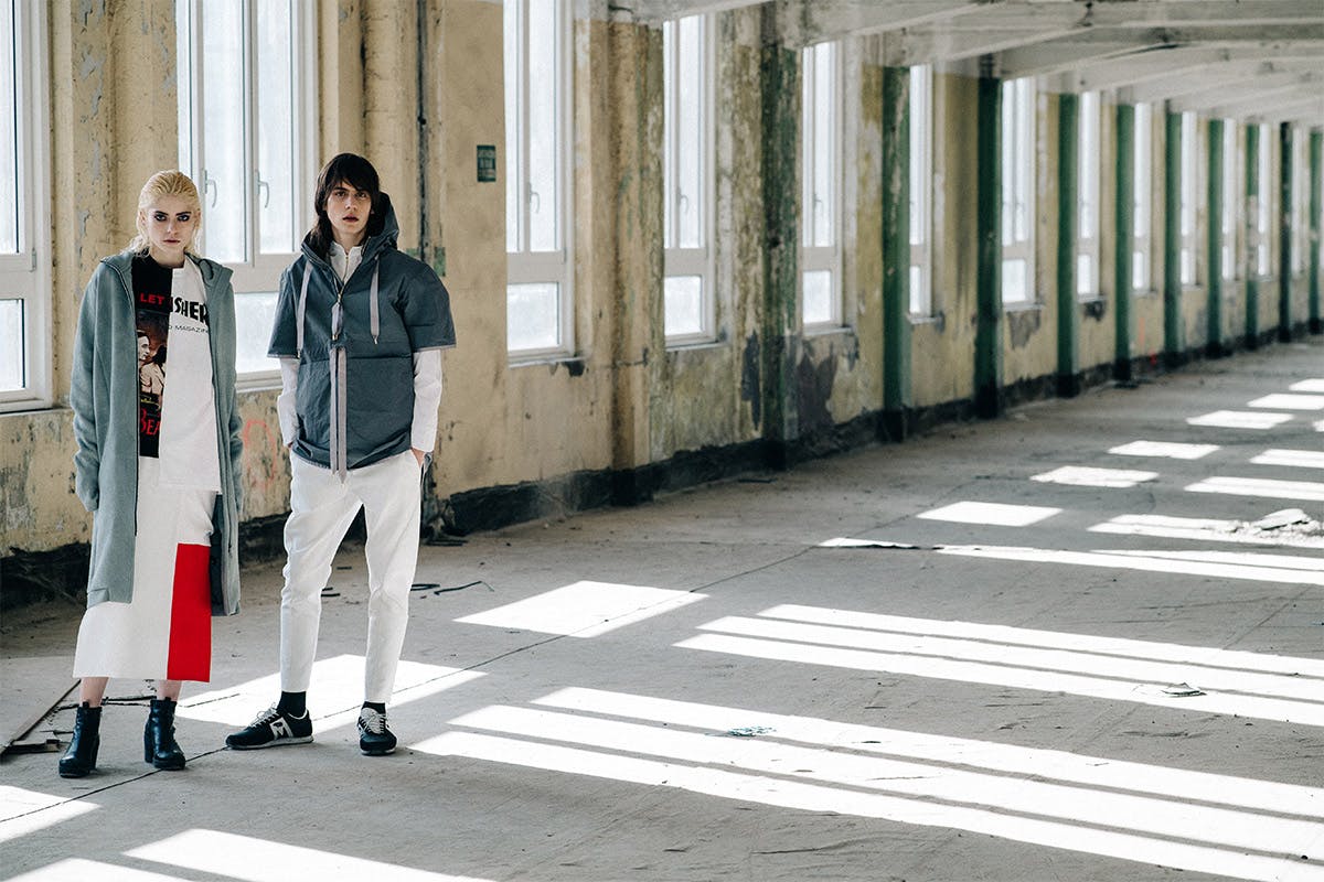 Eva: Curtis Li Studio jacket, Sobec Rebuild
t-shirt, White Walls Worldwide
skirt // Carl: Mazinyi shirt and jacket, Curtis Li trousers, Polyforma shoes