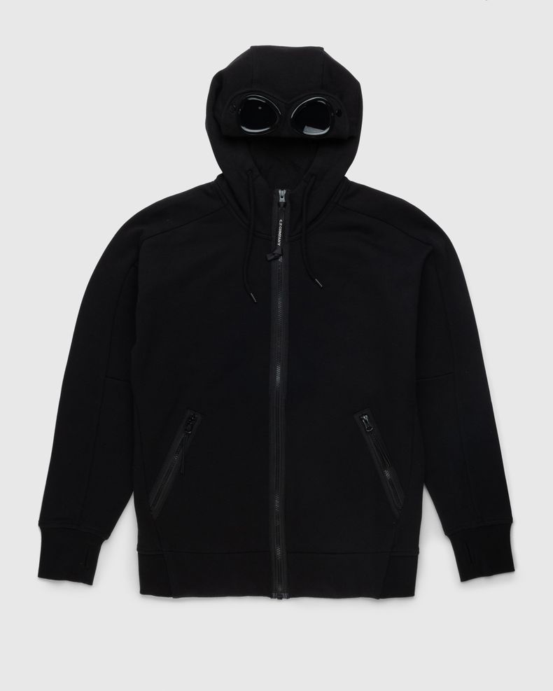Diagonal Raised Fleece Goggle Zipped Hoodie Black