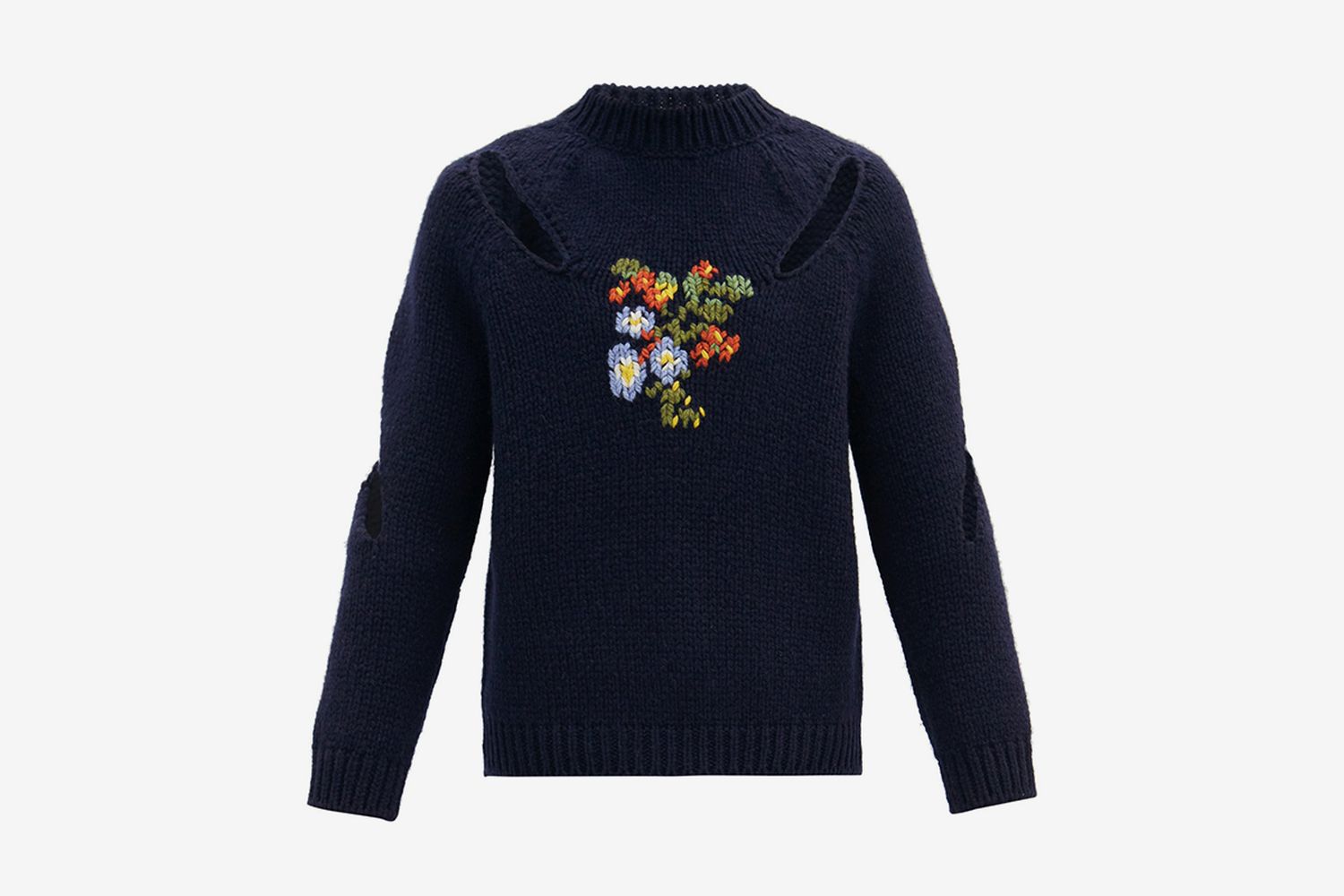 Floral-Embroidered Slashed Sweater