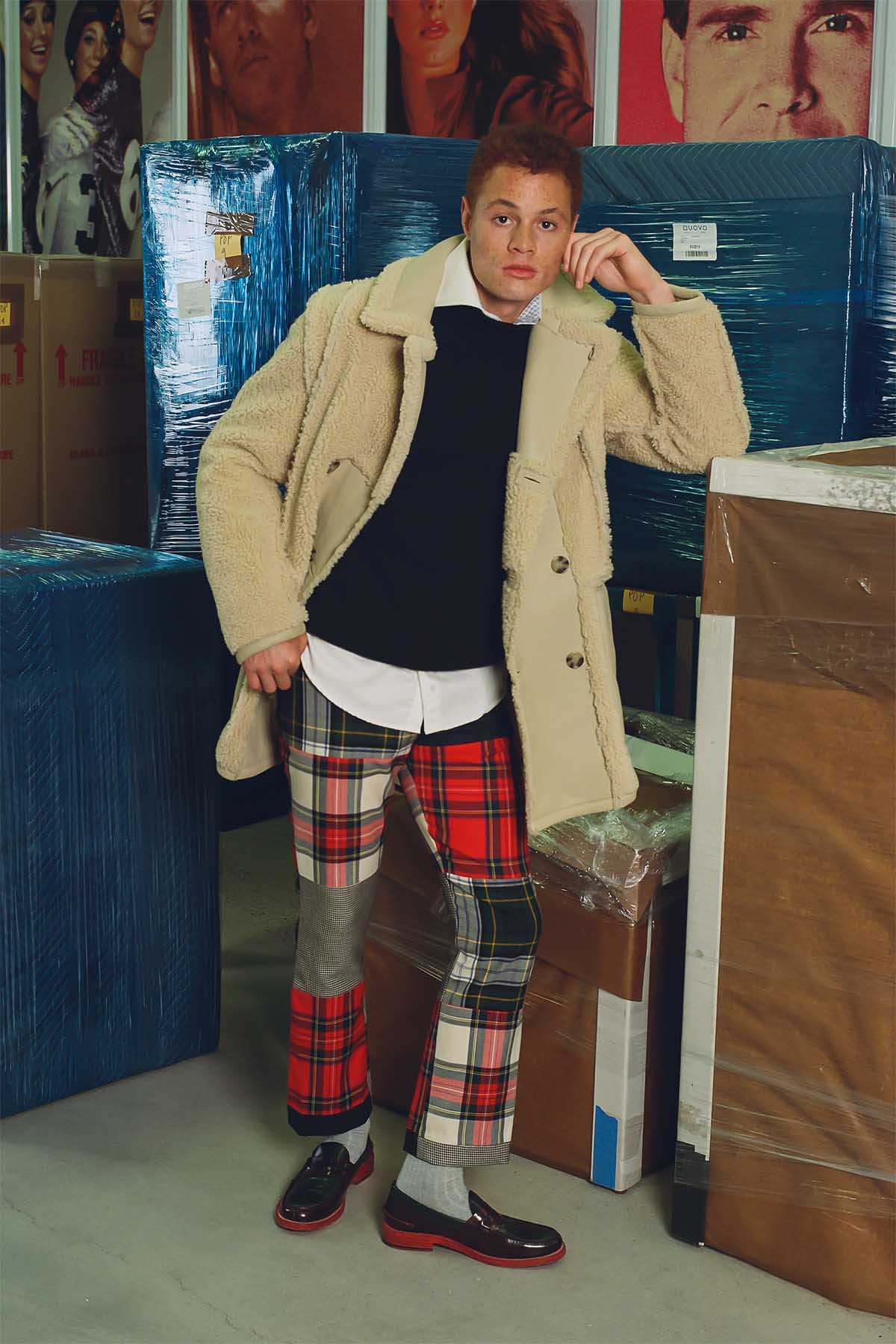 Hilfiger Collection Men’s Reversible Shearling Coat (Fall 2020), Tommy Hilfiger Men’s Shoal Sweater (Holiday 2003), Tommy Hilfiger Collection Men’s Cotton Pique Shirt (Fall 2008), Tommy Hilfiger Collection Men’s Flare Leg Tartan & Houndstooth Patchwork Pant (Fall 2000), Tommy Hilfiger Collection Men’s Loafers (Spring 2012)