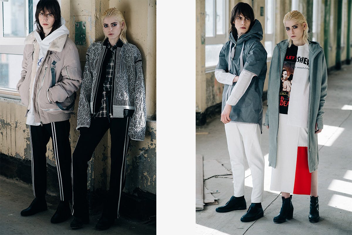 Eva Left: Heliot Emil jacket and shirt, Collectif Aucun trousers // Carl Left: Heliot Emil jacket, Brashy sweater, Eliran Nargassi trousers, Polyforma shoes // Eva Right: Curtis Li Studio jacket, Sobec Rebuild
t-shirt, White Walls Worldwide
skirt // Carl Right: Mazinyi shirt and jacket, Curtis Li trousers, Polyforma shoes