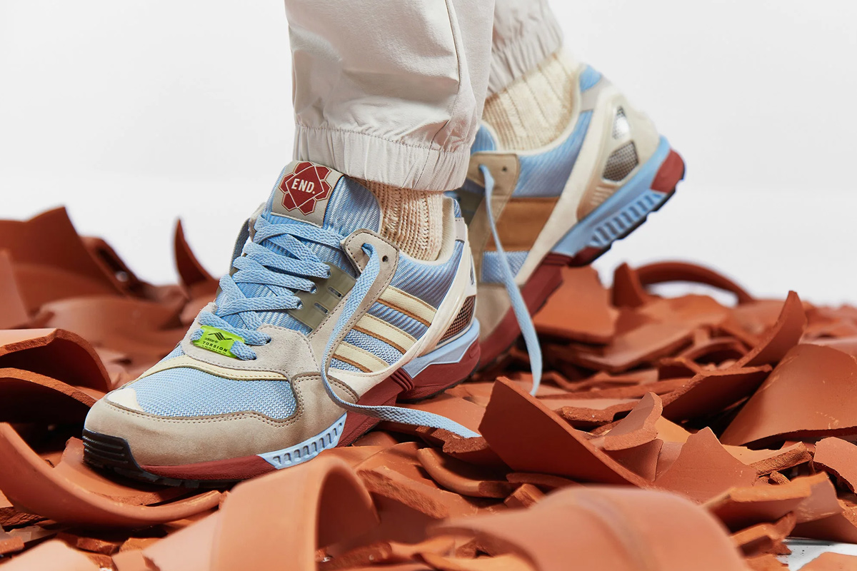 The END. x adidas Originals ZX 9000 collaborative sneaker in blue, grey, and terracotta colors.