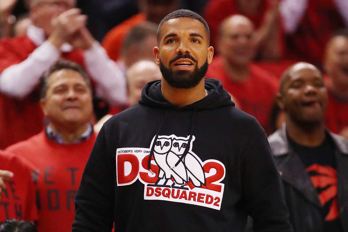Drake wearing an OVO x DSQUARED2 hoodie