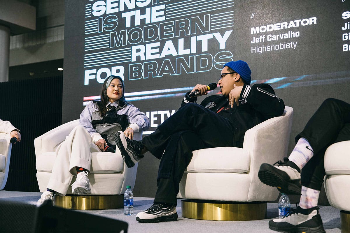 Creative director and self-proclaimed sock influencer Gia Seo with Jian DeLeon, Highsnobiety editorial director and one half of Mule Boyz.
